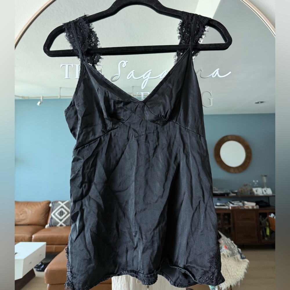 For Love and Liberty Elegant Black Lace Trim Silk Camisole Johnny Was